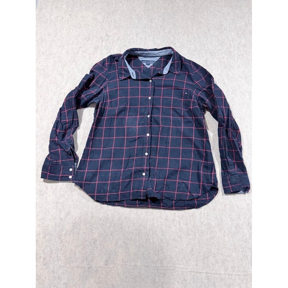 Tommy Hilfiger Button Down Shirt Mens Large Navy Blue Cotton Windowpane Plaid L